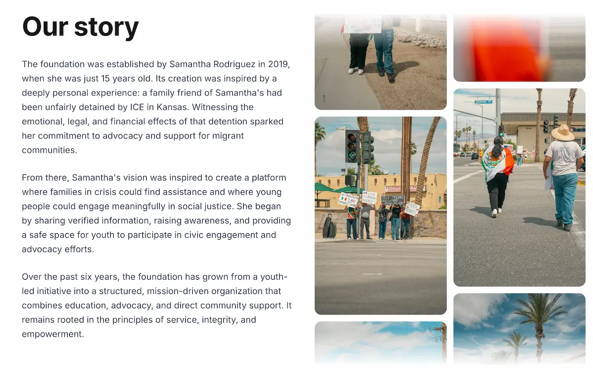 Our Story section with vertical split-image carousel
