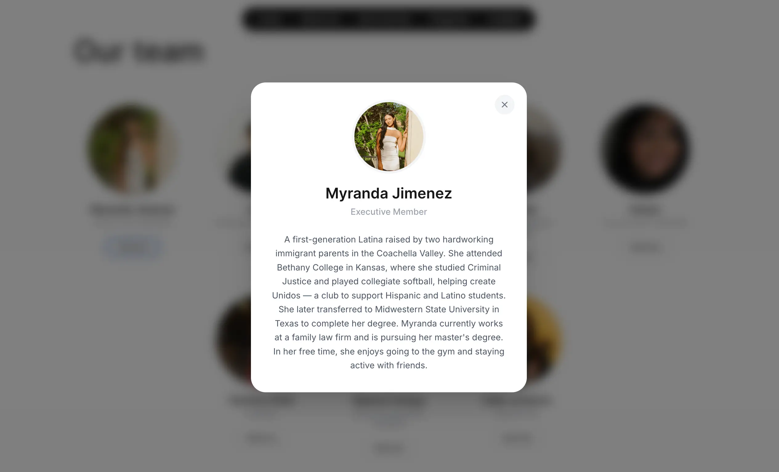 Team member bio modal popup